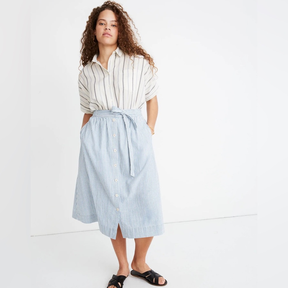 Madewell Tie Palisade Button-Front Midi Skirt in Pilar Stripe